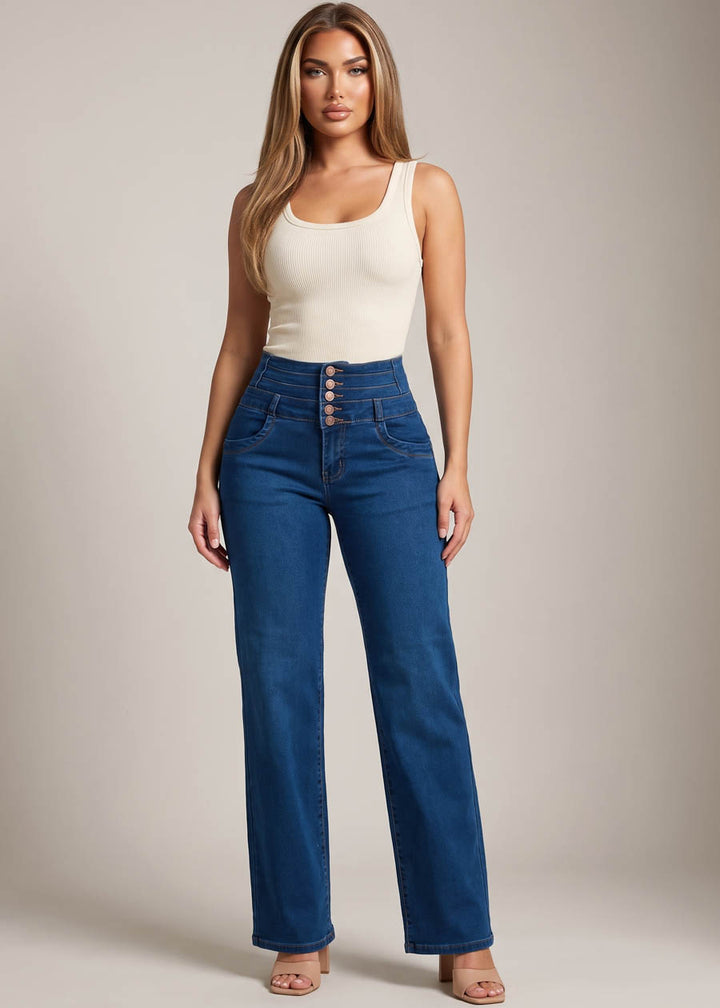 MX JEANS Butt Lift Thick Waist Wide Leg Stretch Jeans Dark Blue