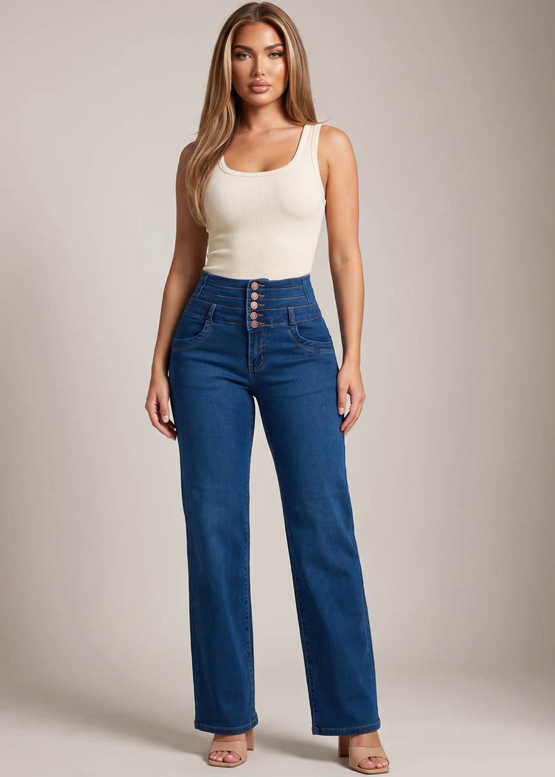 MX JEANS Butt Lift Thick Waist Wide Leg Stretch Jeans Dark Blue