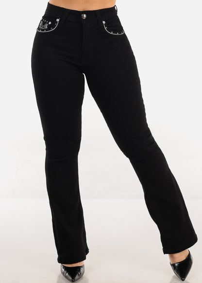 Stretchy High Waist Black Bootcut Jeans w Back Pocket Design
