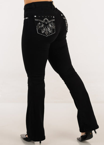 Stretchy High Waist Black Bootcut Jeans w Back Pocket Design