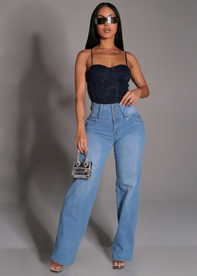 MX JEANS Butt Lift High Waist Wide Leg Stretch Jeans Med Blue w Back Pocket Design