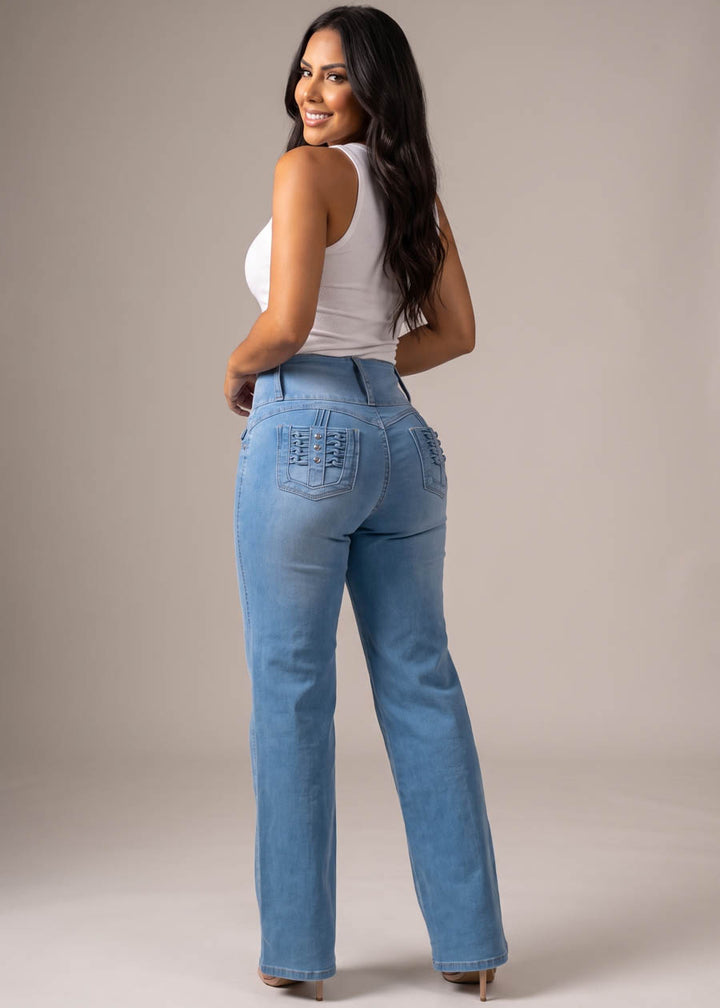 MX JEANS Butt Lift High Waist Wide Leg Stretch Jeans Med Blue w Back Pocket Design