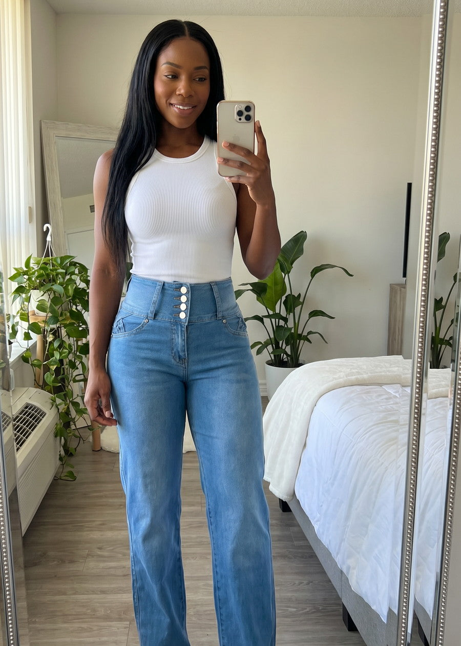 MX JEANS Butt Lift High Waist Wide Leg Stretch Jeans Med Blue w Back Pocket Design, view 14 of 14