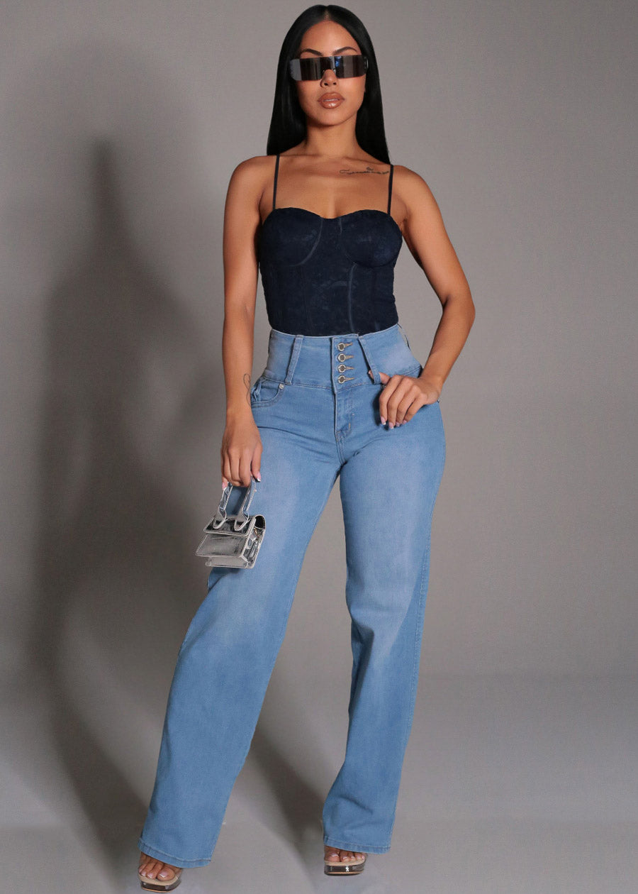 MX JEANS Butt Lift High Waist Wide Leg Stretch Jeans Med Blue w Back Pocket Design