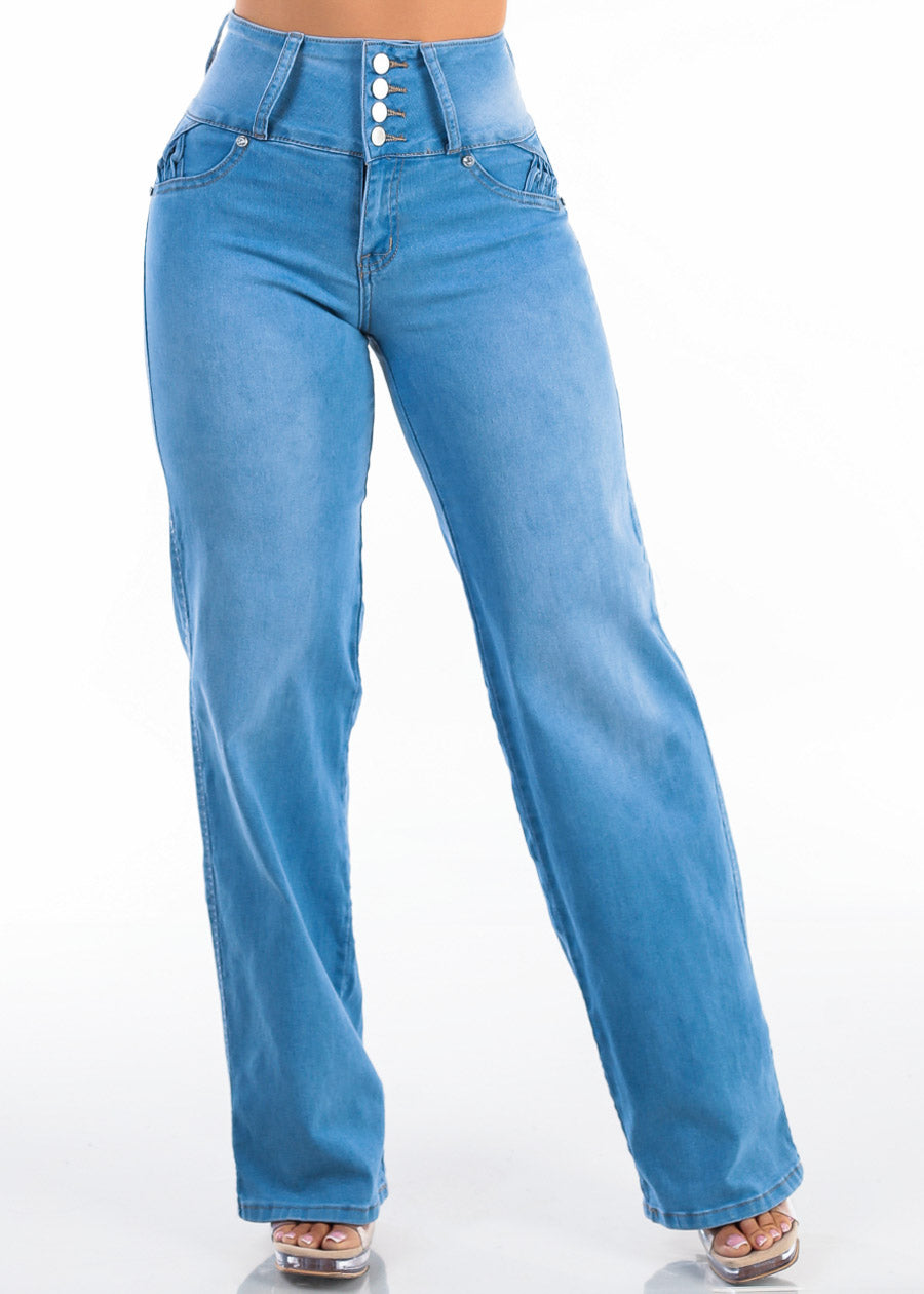 MX JEANS Butt Lift High Waist Wide Leg Stretch Jeans Med Blue w Back Pocket Design