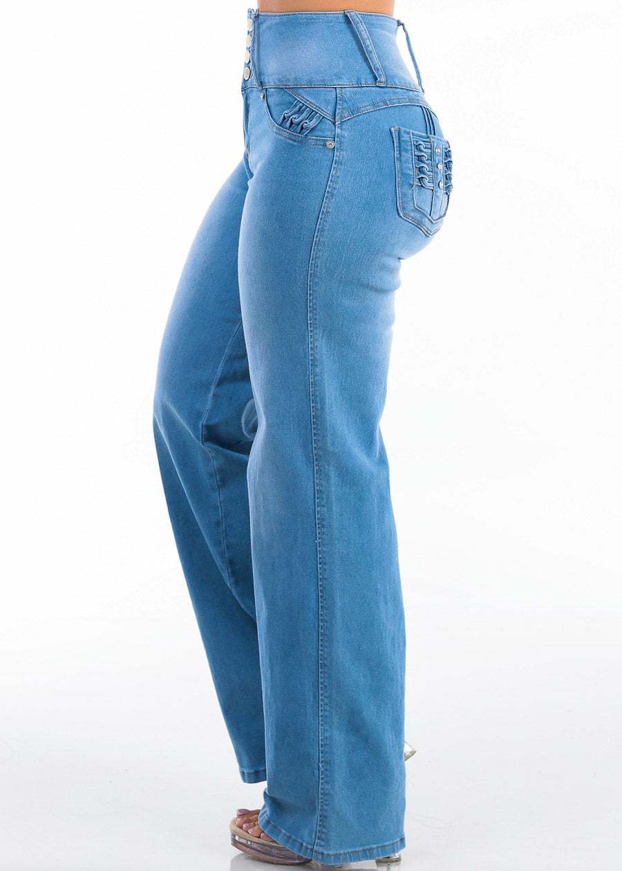 MX JEANS Butt Lift High Waist Wide Leg Stretch Jeans Med Blue w Back Pocket Design