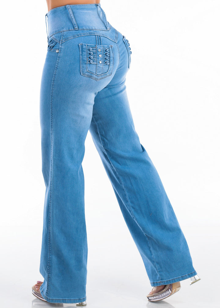 MX JEANS Butt Lift High Waist Wide Leg Stretch Jeans Med Blue w Back Pocket Design
