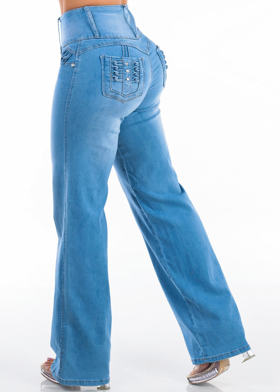 MX JEANS Butt Lift High Waist Wide Leg Stretch Jeans Med Blue w Back Pocket Design