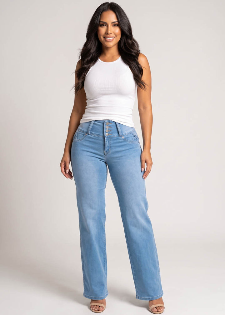MX JEANS Butt Lift High Waist Wide Leg Stretch Jeans Med Blue w Back Pocket Design