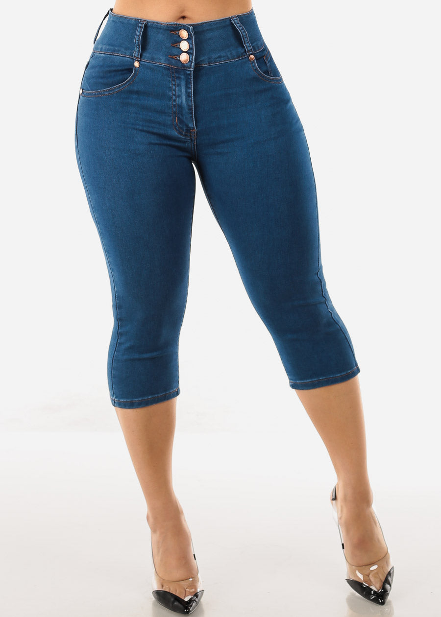 High Waisted Stretchy Butt Lift Denim Capris