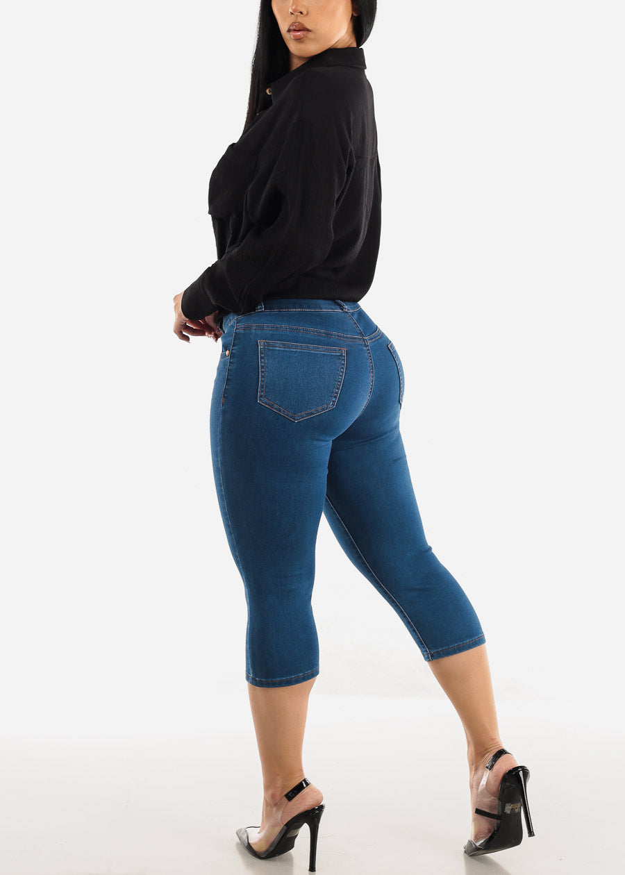 High Waisted Stretchy Butt Lift Denim Capris