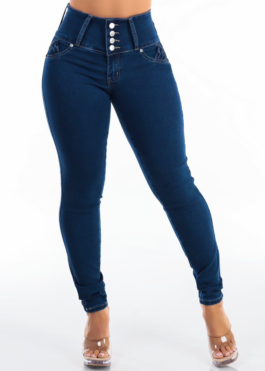 MX JEANS Butt Lift High Waist Stretch Skinny Jeans Dark Wash w Back Pocket Design