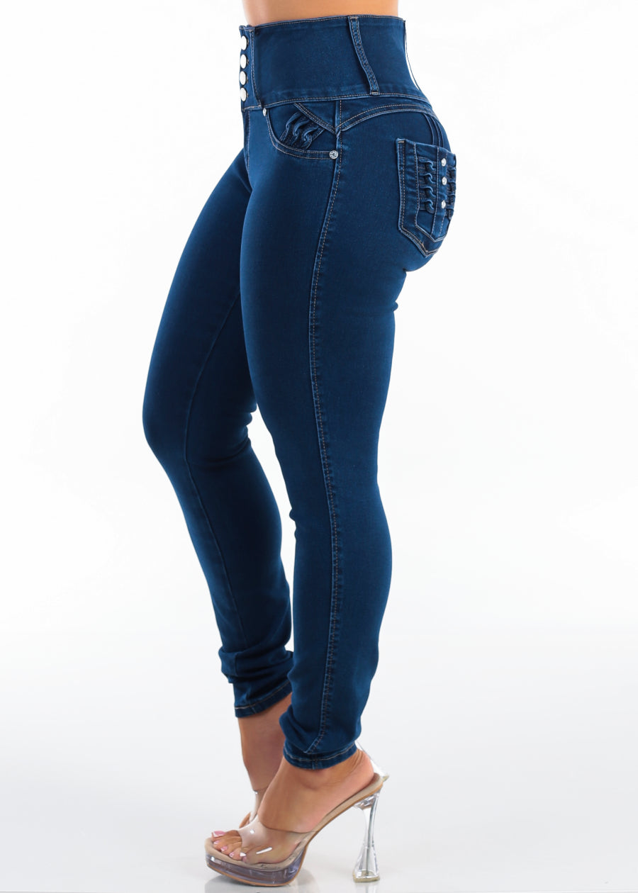 MX JEANS Butt Lift High Waist Stretch Skinny Jeans Dark Wash w Back Pocket Design