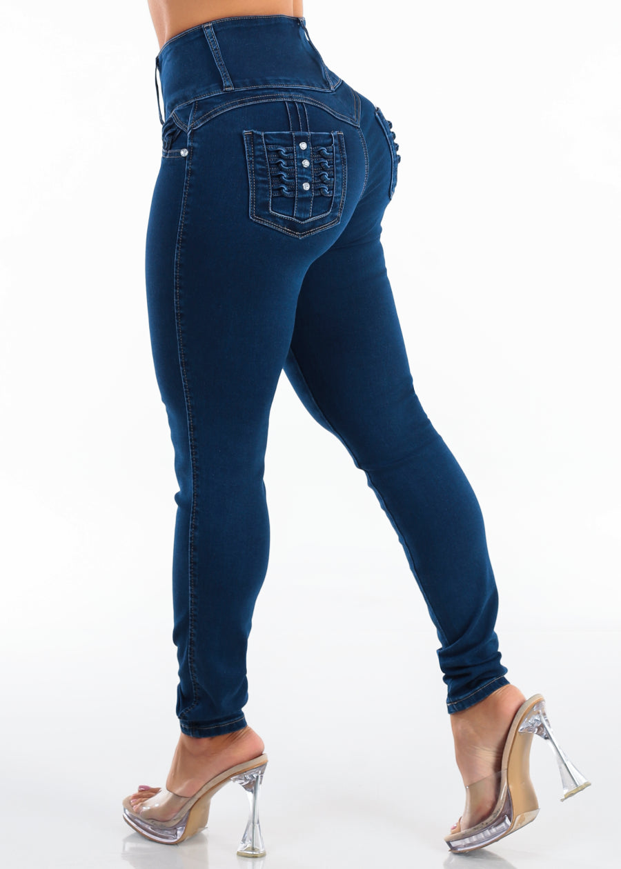 MX JEANS Butt Lift High Waist Stretch Skinny Jeans Dark Wash w Back Pocket Design