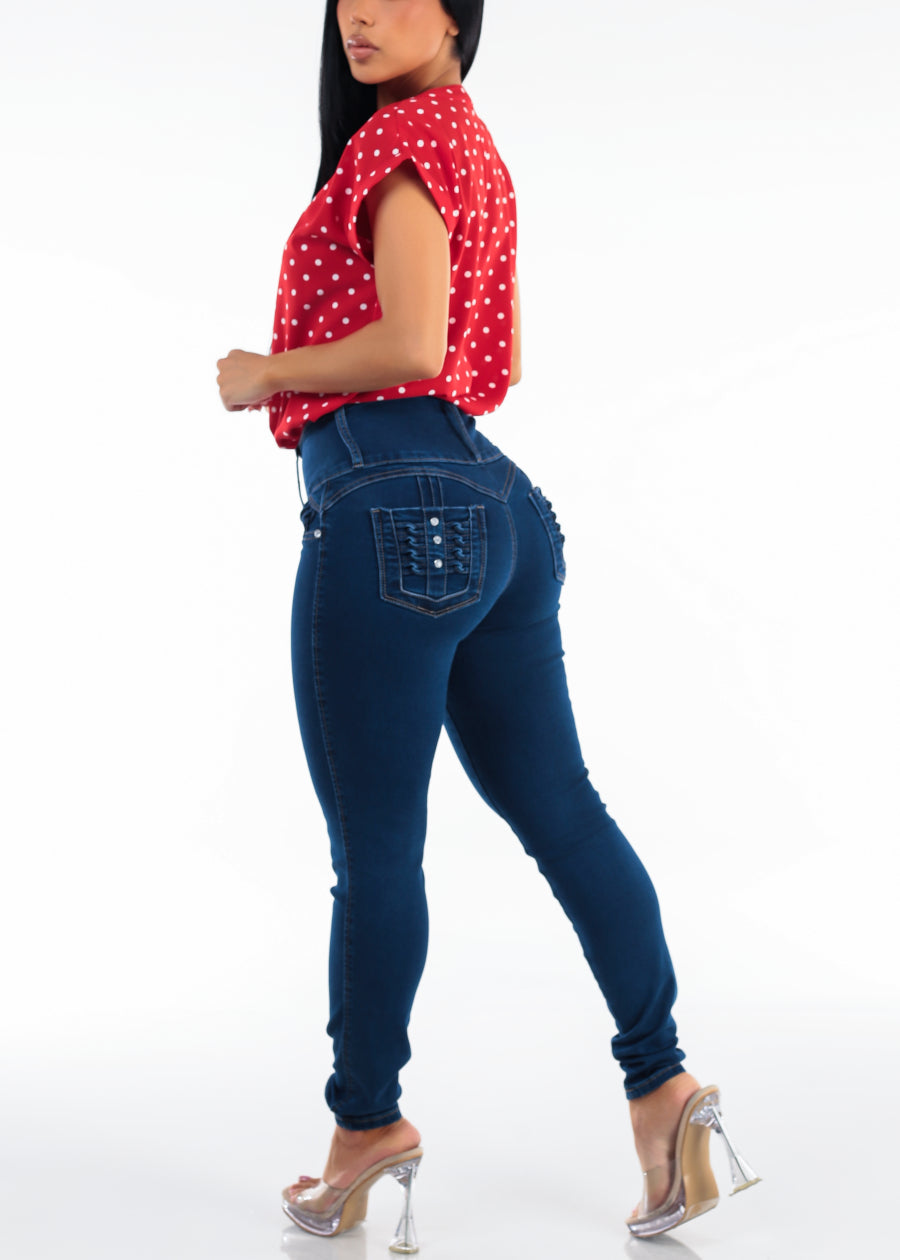 MX JEANS Butt Lift High Waist Stretch Skinny Jeans Dark Wash w Back Pocket Design