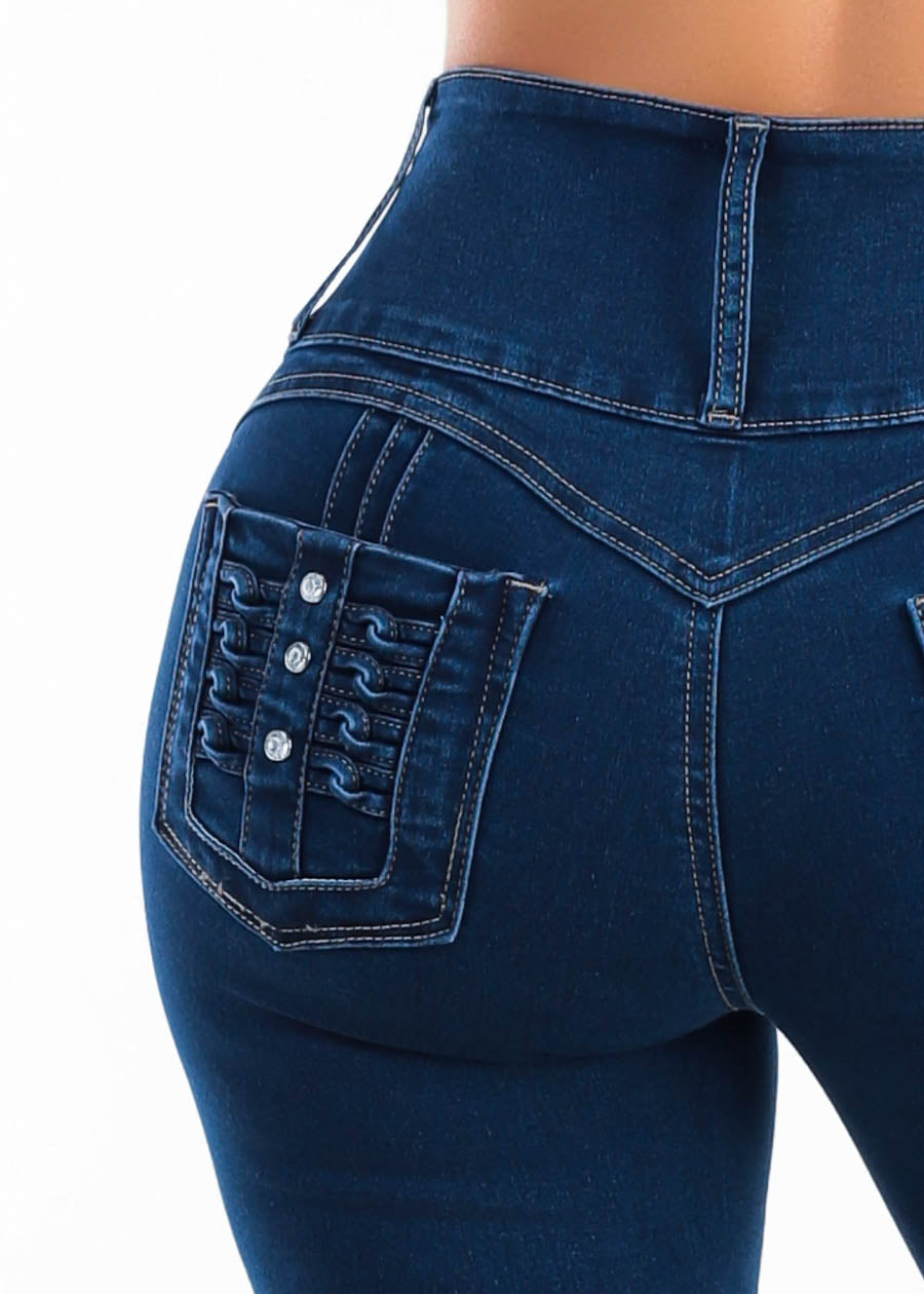MX JEANS Butt Lift High Waist Stretch Skinny Jeans Dark Wash w Back Pocket Design