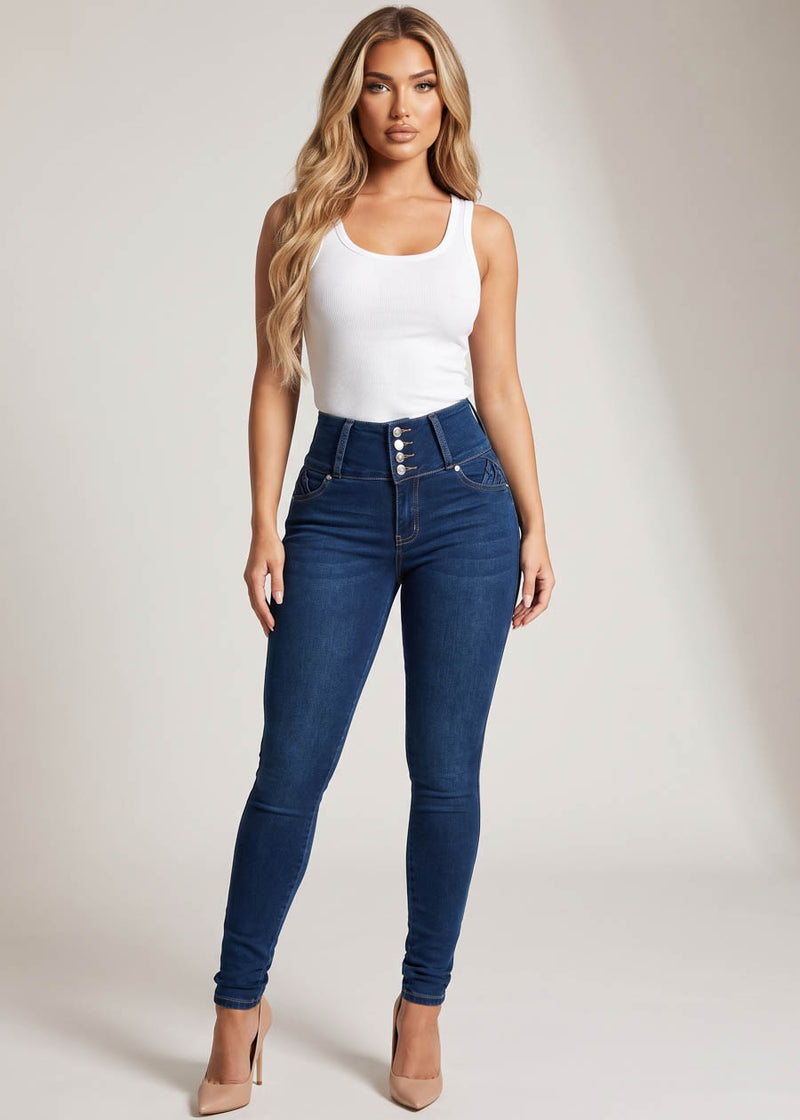 MX JEANS Butt Lift High Waist Stretch Skinny Jeans Dark Wash w Back Pocket Design