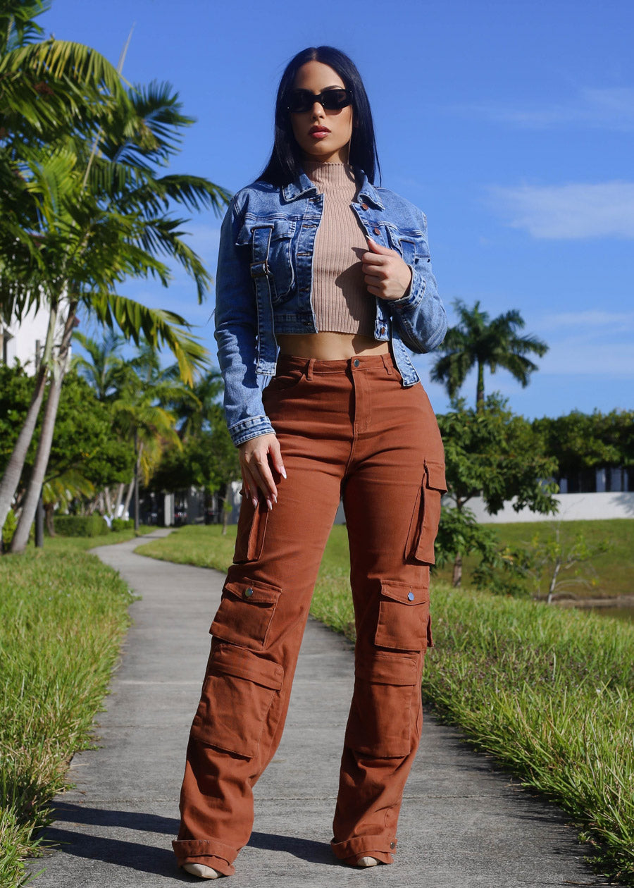 Butt Lift Straight Wide Leg Cargo Jeans Brown