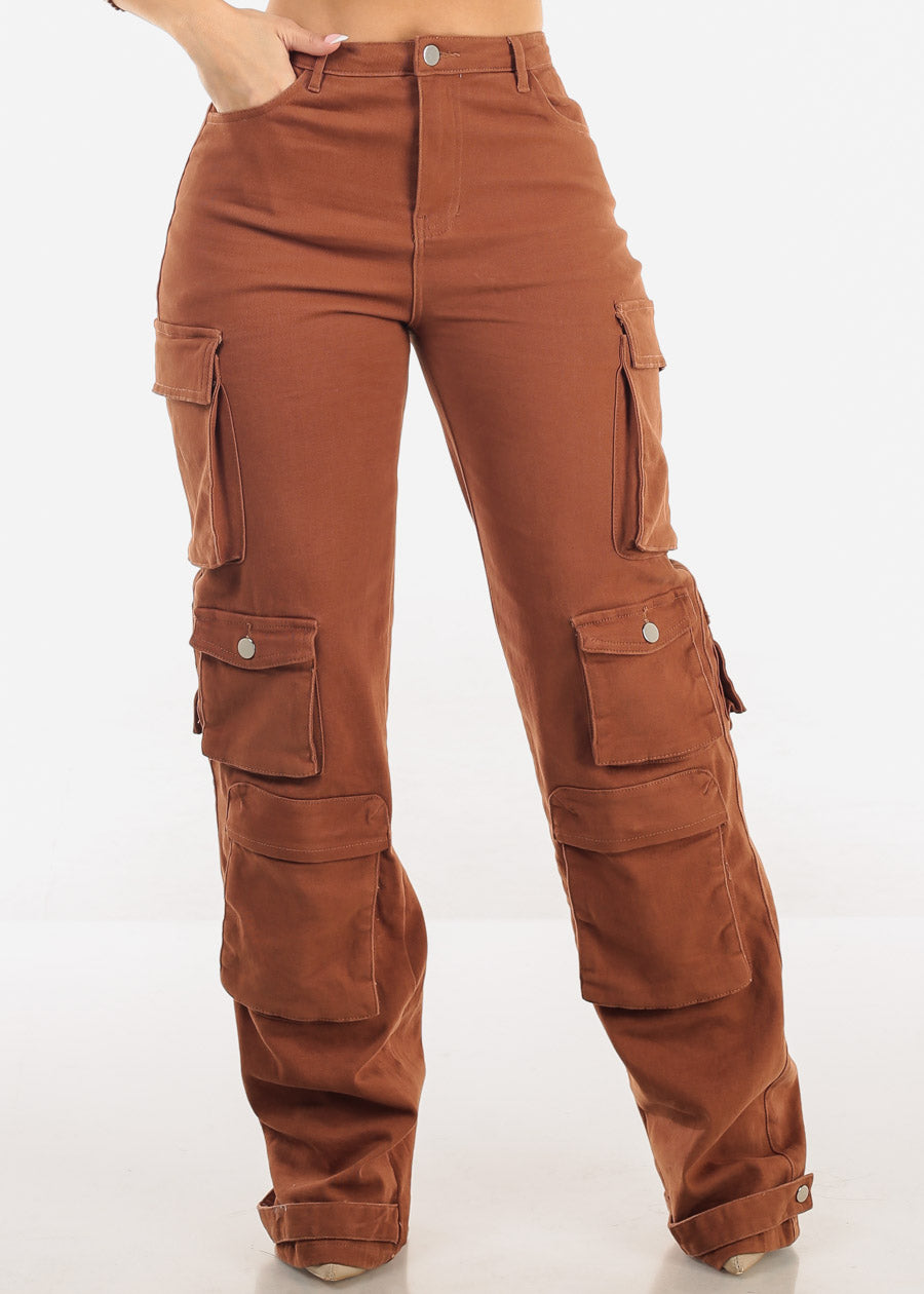 Butt Lift Straight Wide Leg Cargo Jeans Brown