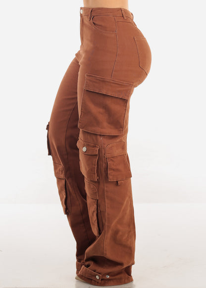 Butt Lift Straight Wide Leg Cargo Jeans Brown