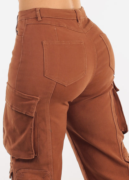 Butt Lift Straight Wide Leg Cargo Jeans Brown
