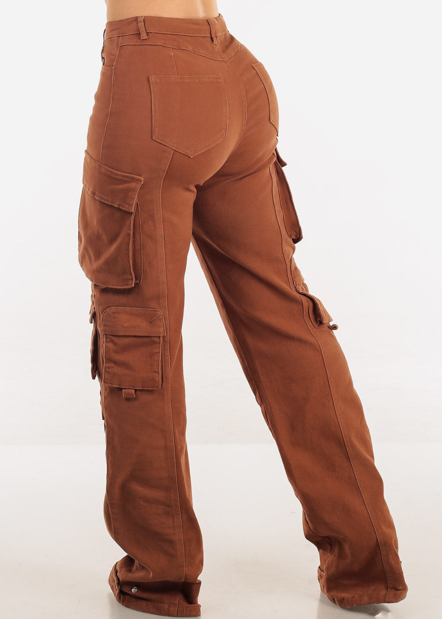 Butt Lift Straight Wide Leg Cargo Jeans Brown