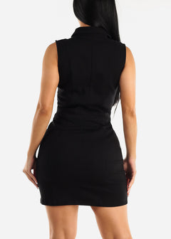 Black Sleeveless Collared Denim Mini Dress