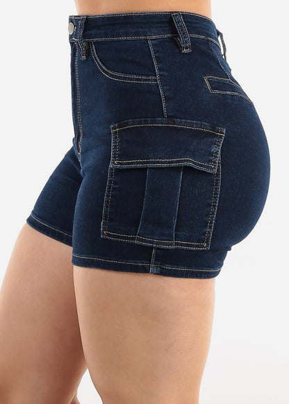 Butt Lift High Waist Stretch Cargo Denim Shorts Dark Wash