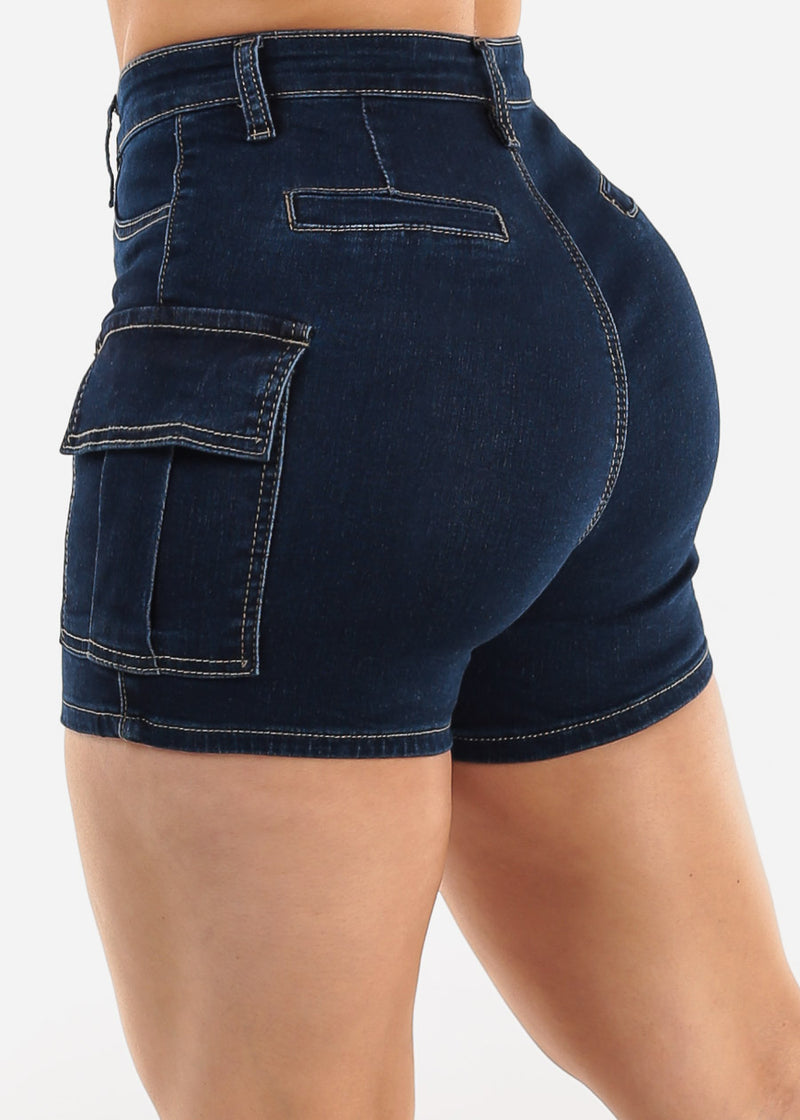 Butt Lift High Waist Stretch Cargo Denim Shorts Dark Wash