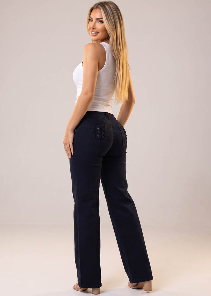 MX JEANS Butt Lift High Waist Wide Leg Stretch Jeans Black w Back Pocket Design