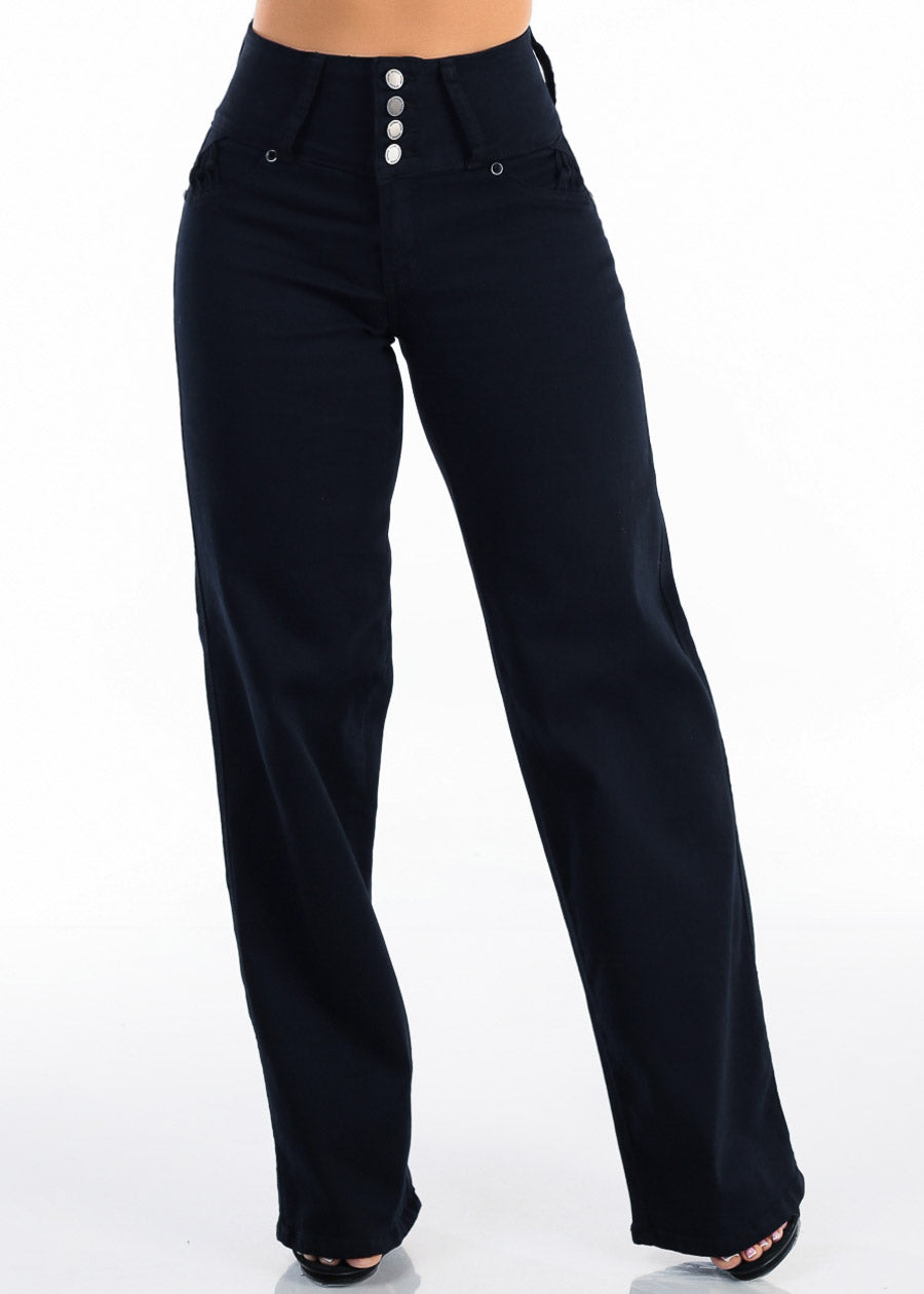MX JEANS Butt Lift High Waist Wide Leg Stretch Jeans Black w Back Pocket Design