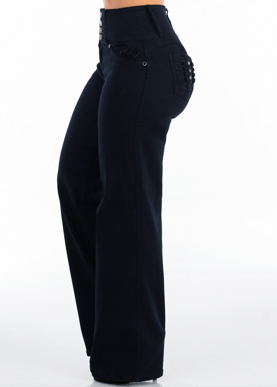 MX JEANS Butt Lift High Waist Wide Leg Stretch Jeans Black w Back Pocket Design
