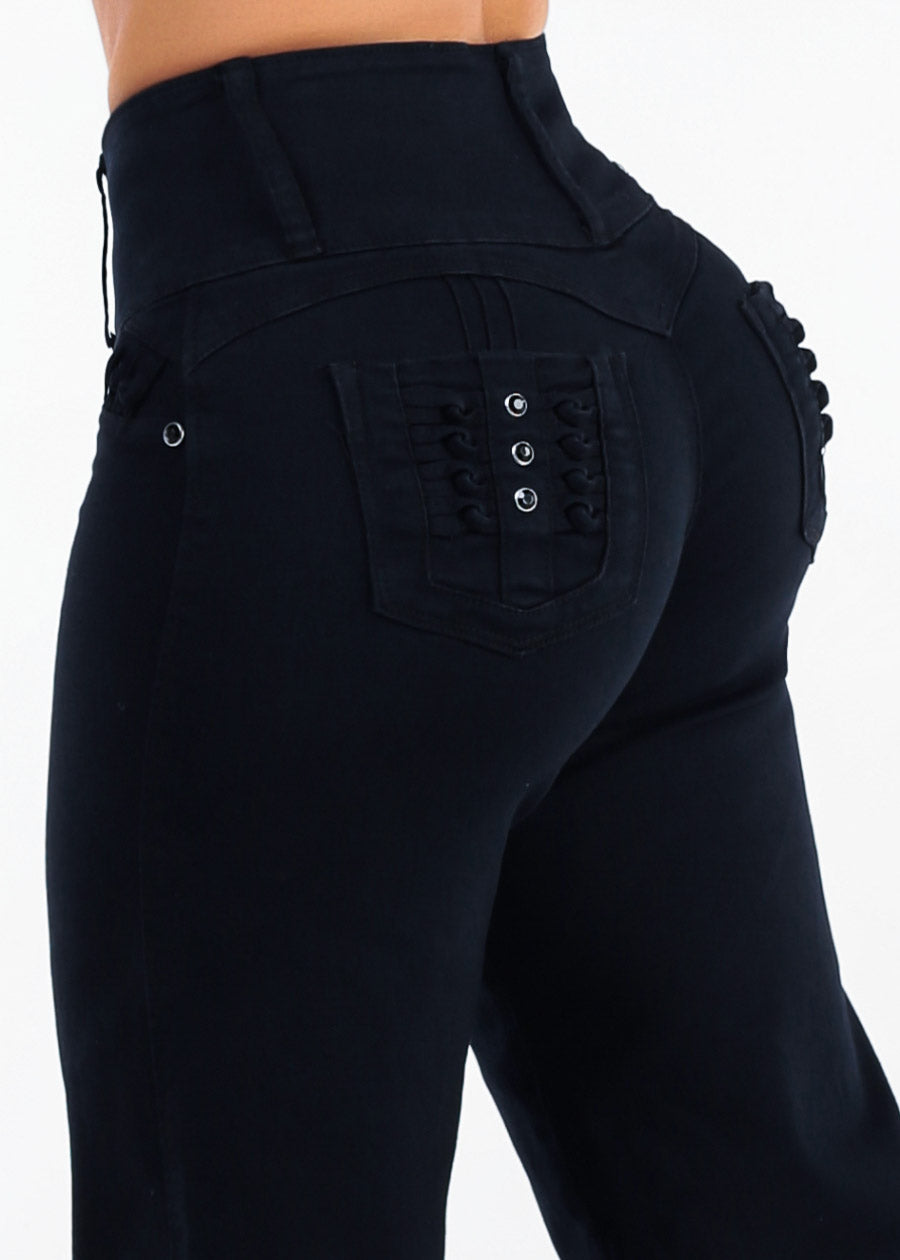 MX JEANS Butt Lift High Waist Wide Leg Stretch Jeans Black w Back Pocket Design