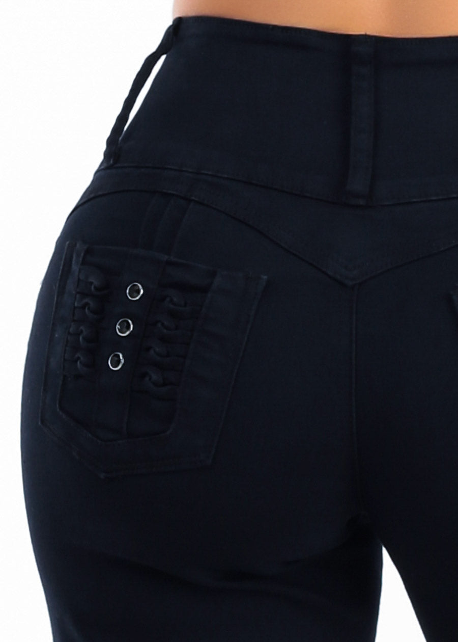MX JEANS Butt Lift High Waist Wide Leg Stretch Jeans Black w Back Pocket Design