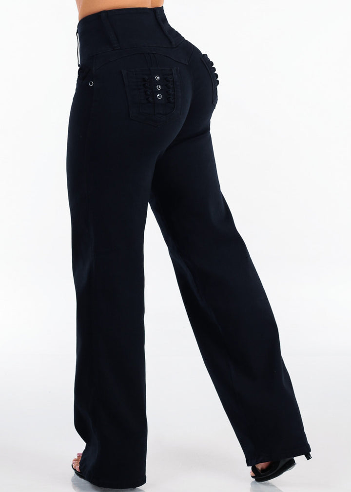 MX JEANS Butt Lift High Waist Wide Leg Stretch Jeans Black w Back Pocket Design