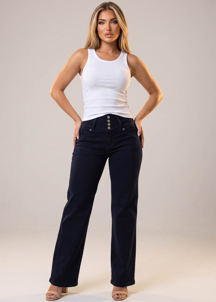 MX JEANS Butt Lift High Waist Wide Leg Stretch Jeans Black w Back Pocket Design