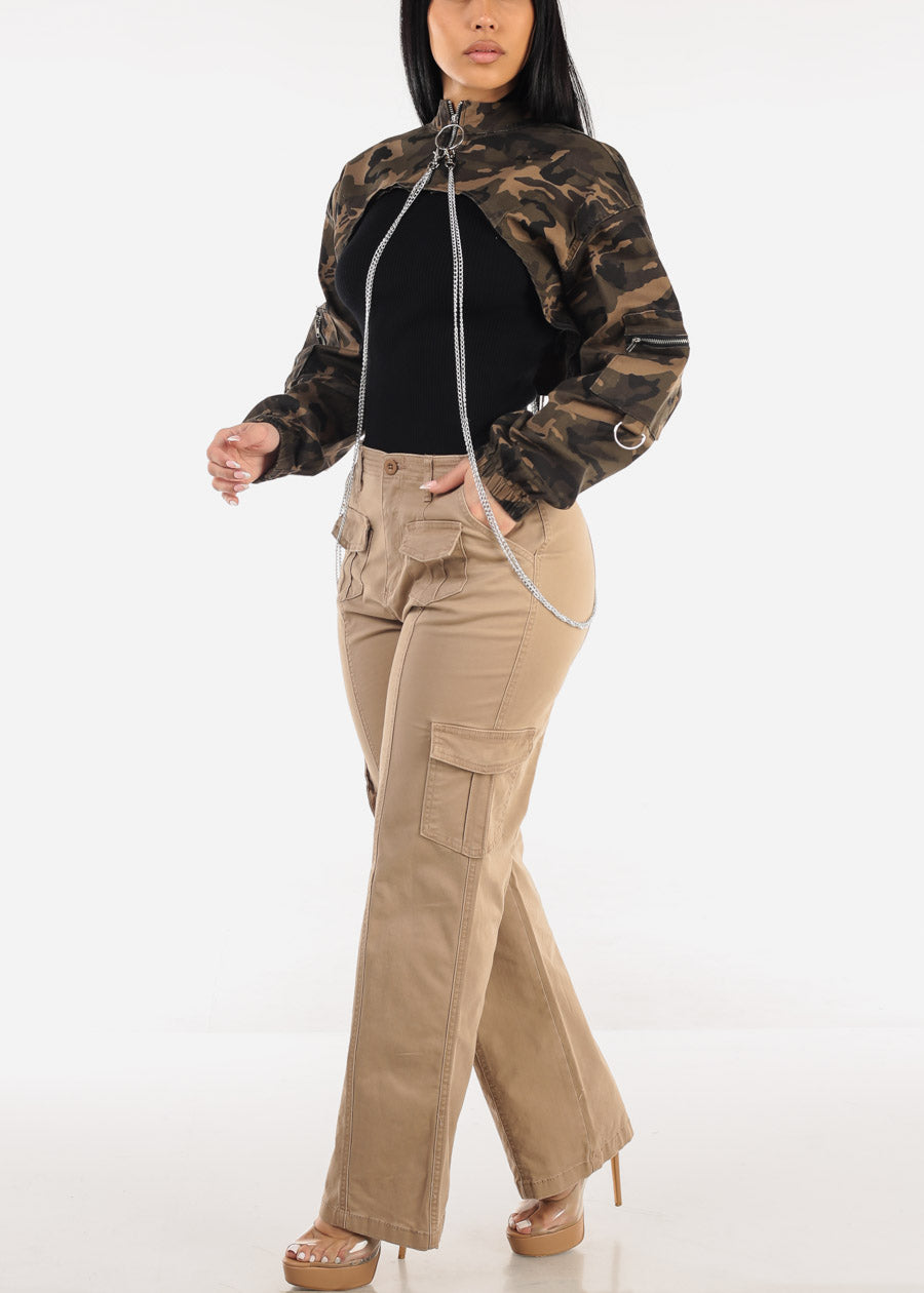 Super High Waist Straight Wide Leg Cargo Jeans Khaki