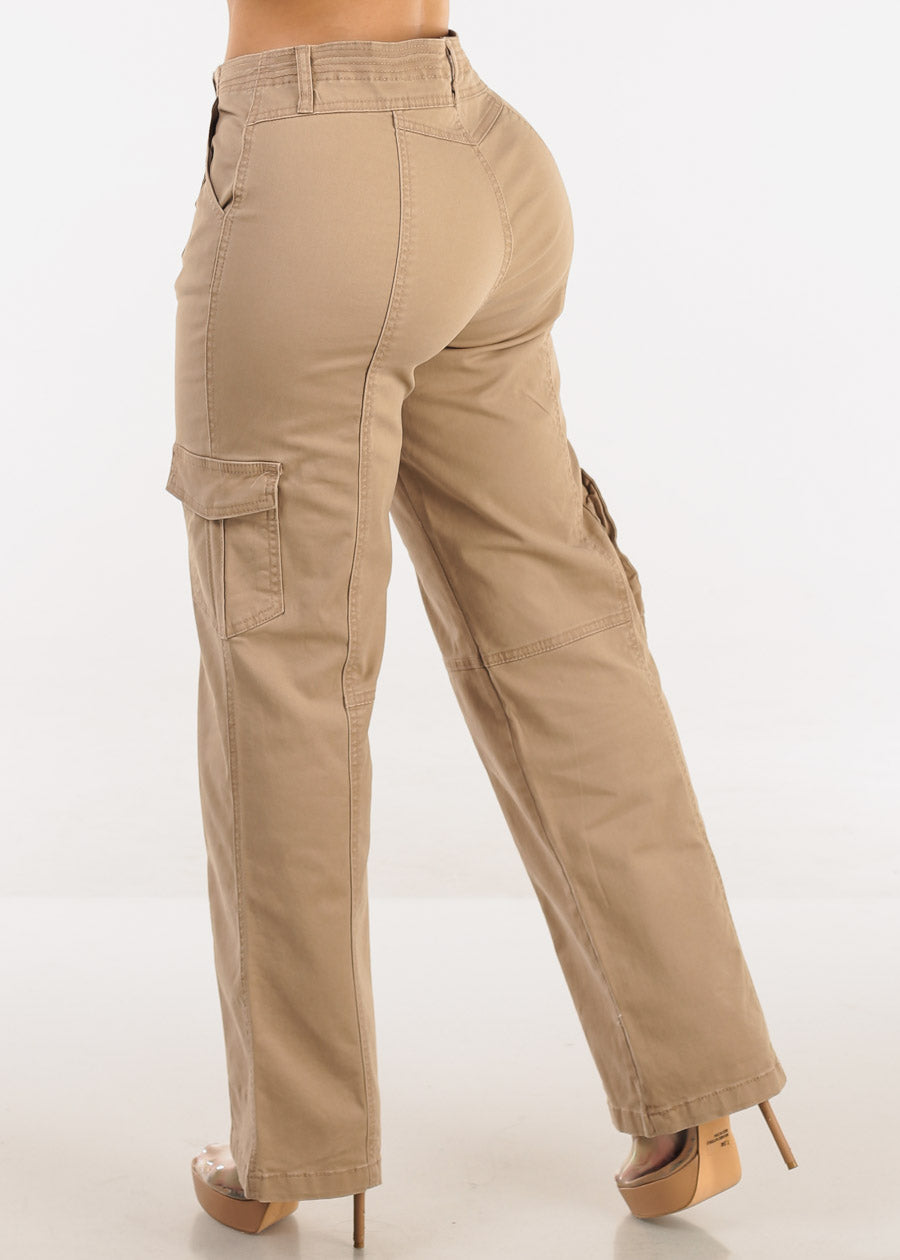 Super High Waist Straight Wide Leg Cargo Jeans Khaki