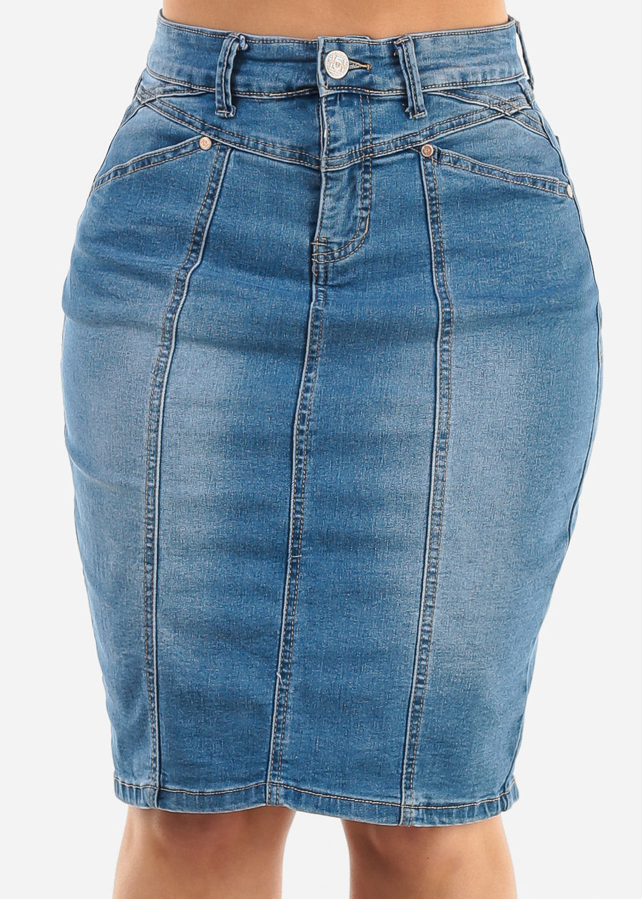 Classic 1 Button High Waist Denim Pencil Skirt Med Blue