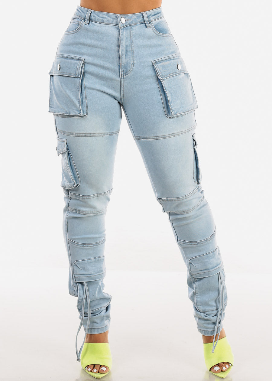 Super High Waist Light Wash Cargo Jeans