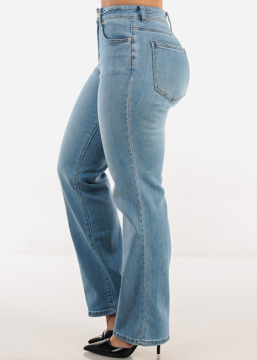 High Rise Stretchy Straight Wide Leg Jeans Light Wash