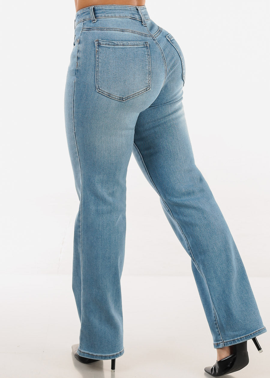 High Rise Stretchy Straight Wide Leg Jeans Light Wash