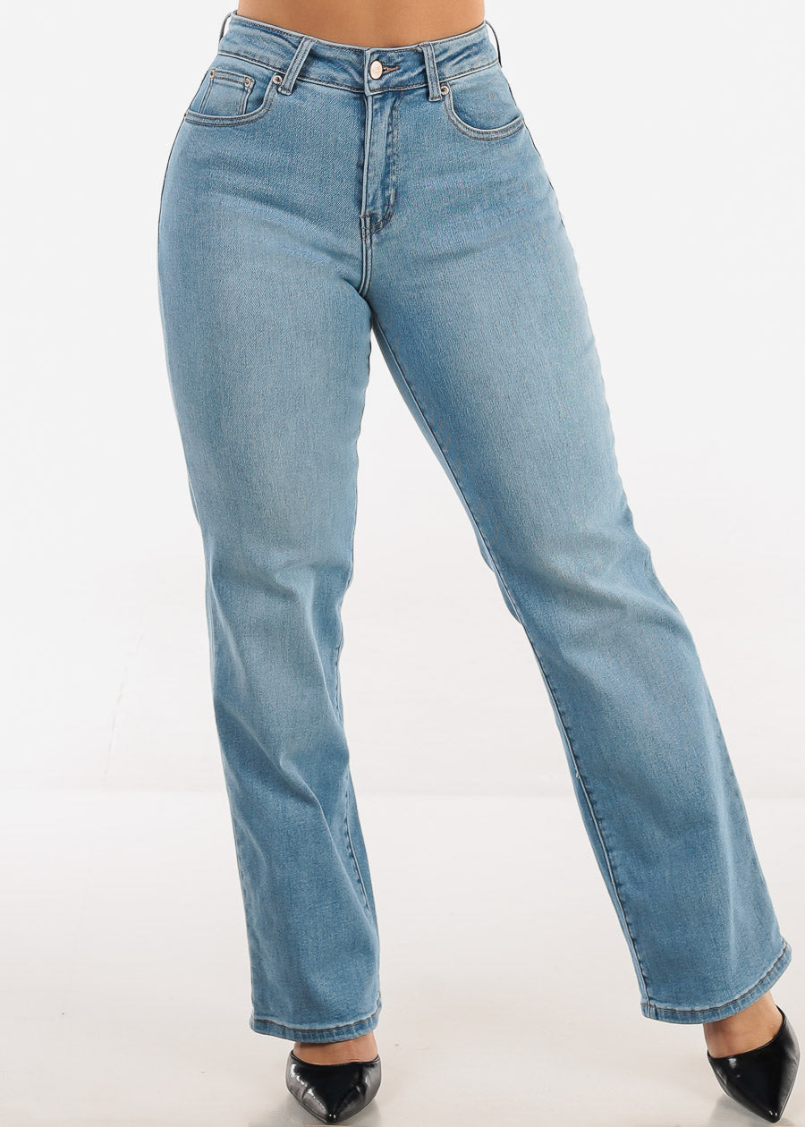 High Rise Stretchy Straight Wide Leg Jeans Light Wash
