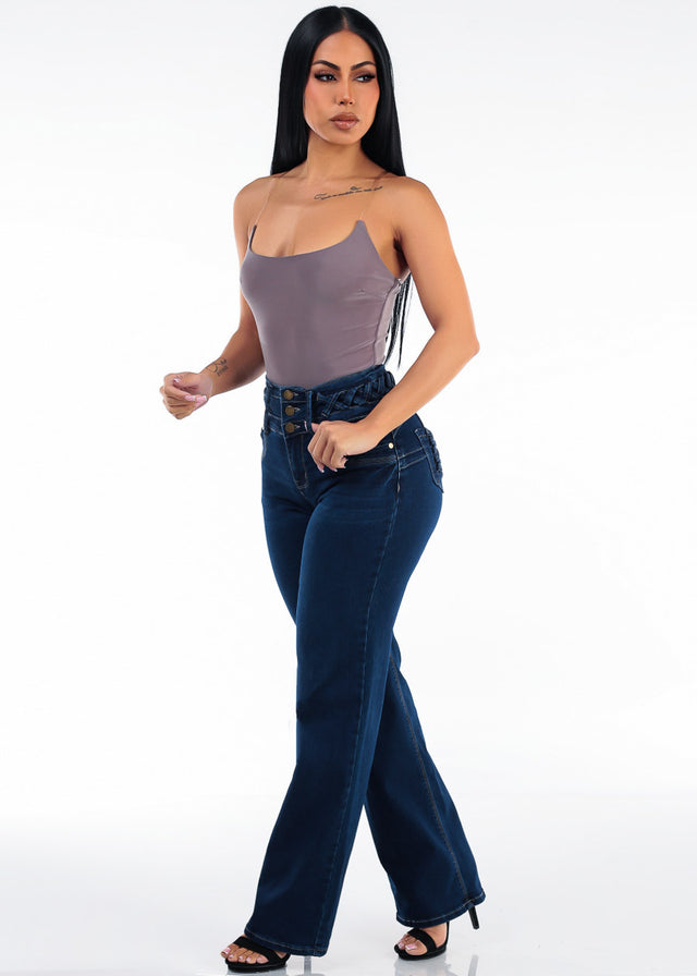 MX JEANS Butt Lift High Waist Wide Leg Stretch Jeans Dark Wash w Lace Up Design
