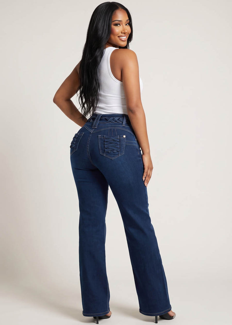MX JEANS Butt Lift High Waist Wide Leg Stretch Jeans Dark Wash w Lace Up Design