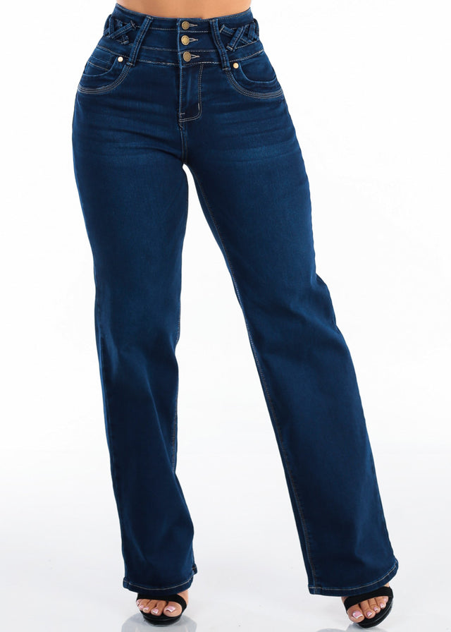 MX JEANS Butt Lift High Waist Wide Leg Stretch Jeans Dark Wash w Lace Up Design