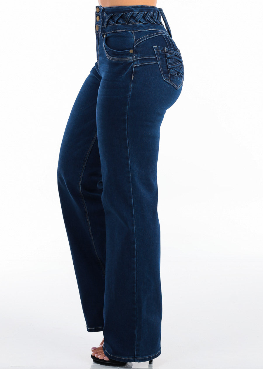 MX JEANS Butt Lift High Waist Wide Leg Stretch Jeans Dark Wash w Lace Up Design