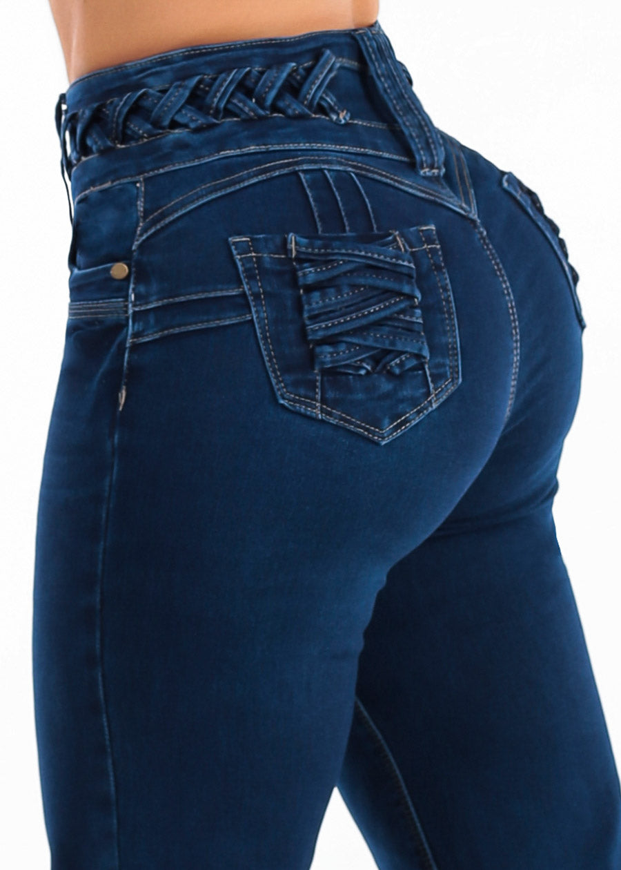 MX JEANS Butt Lift High Waist Wide Leg Stretch Jeans Dark Wash w Lace Up Design