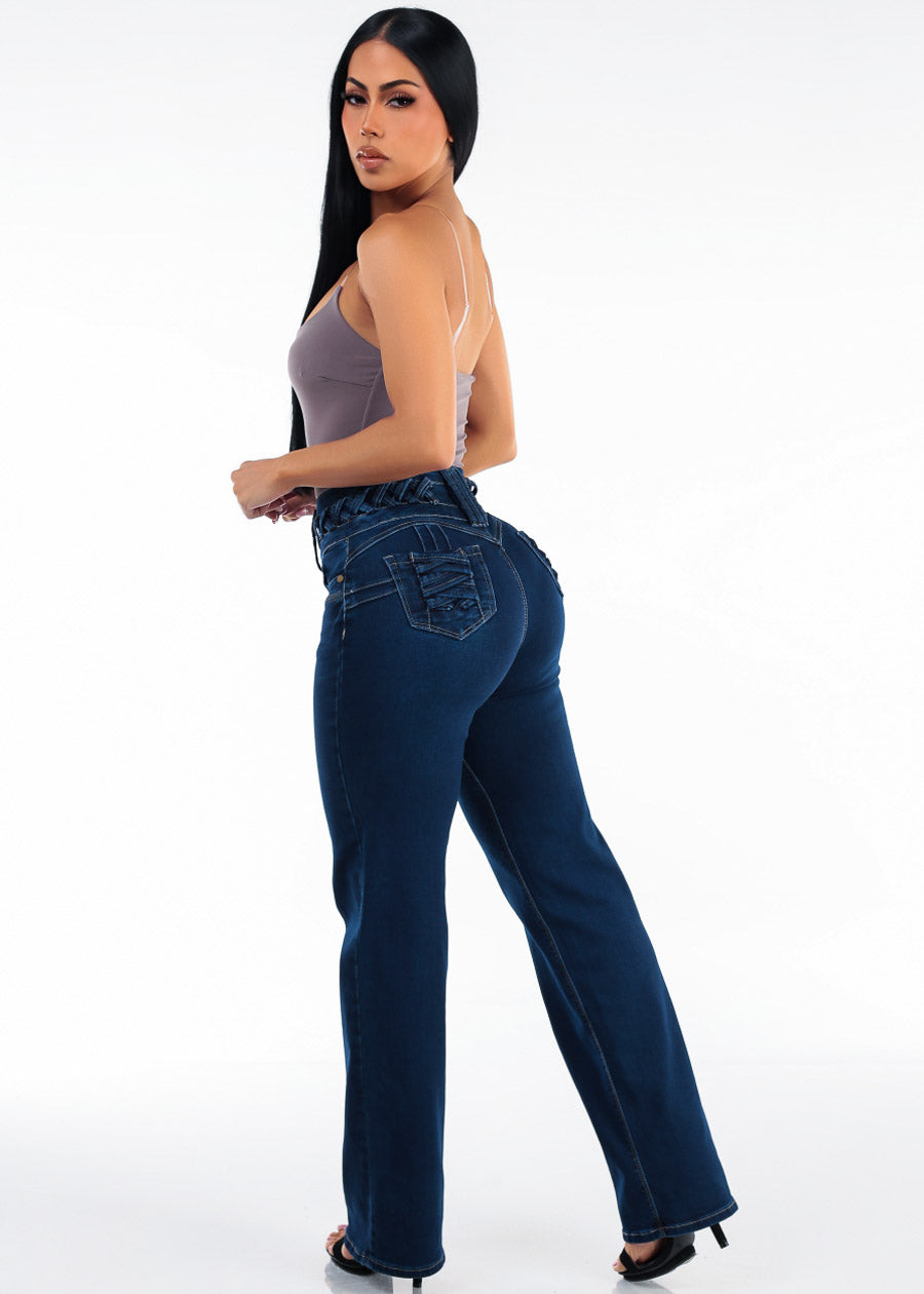 MX JEANS Butt Lift High Waist Wide Leg Stretch Jeans Dark Wash w Lace Up Design