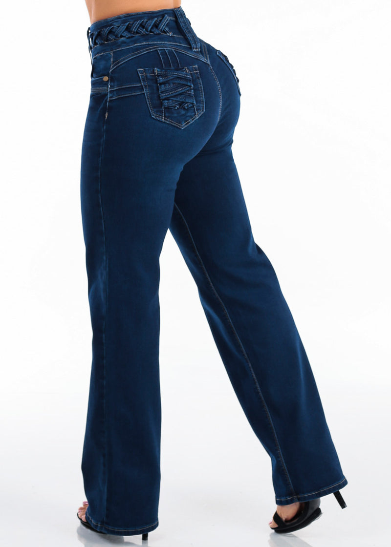 MX JEANS Butt Lift High Waist Wide Leg Stretch Jeans Dark Wash w Lace Up Design